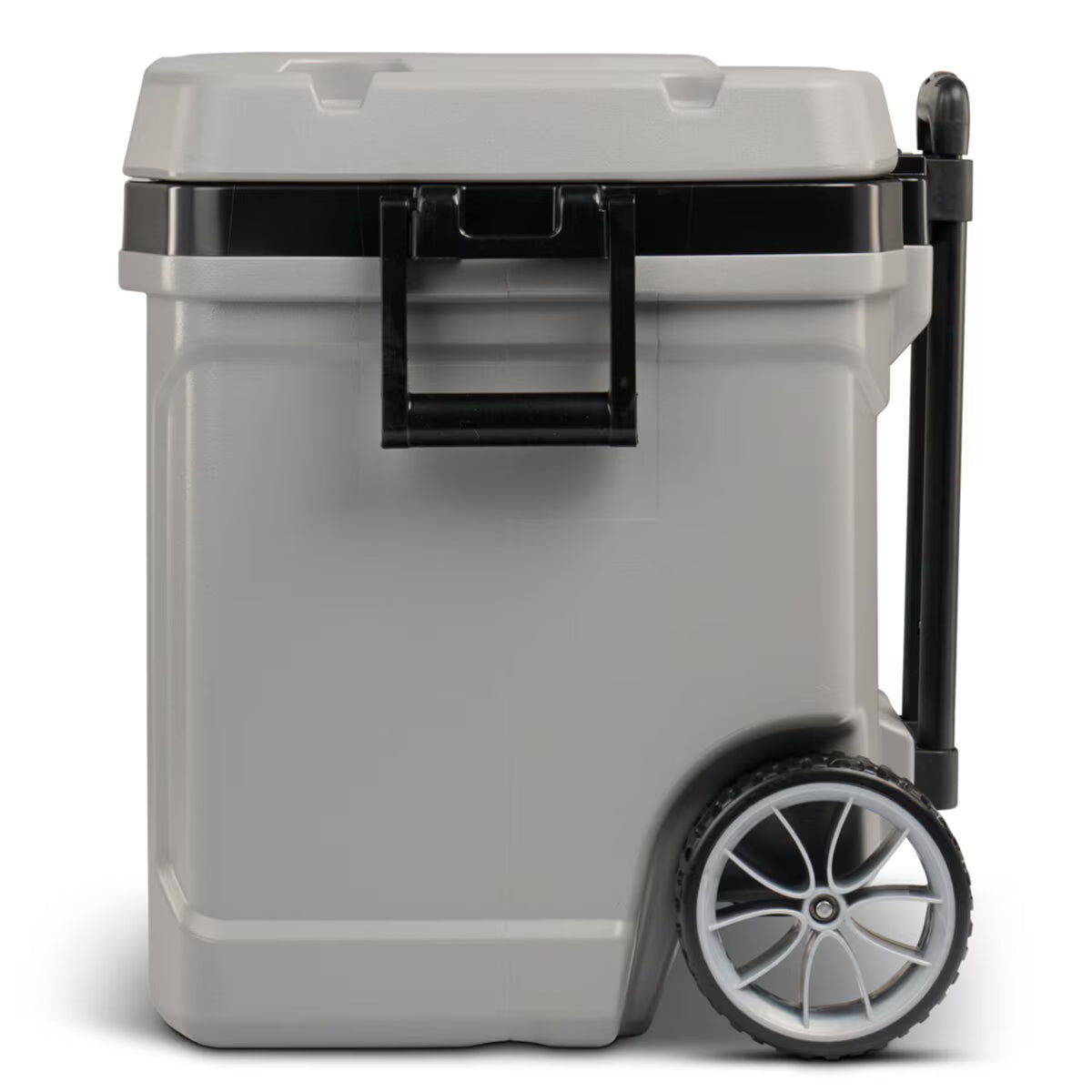 Grey wheeled cooler with black handle and latches, perfect for van life and outdoor adventures.