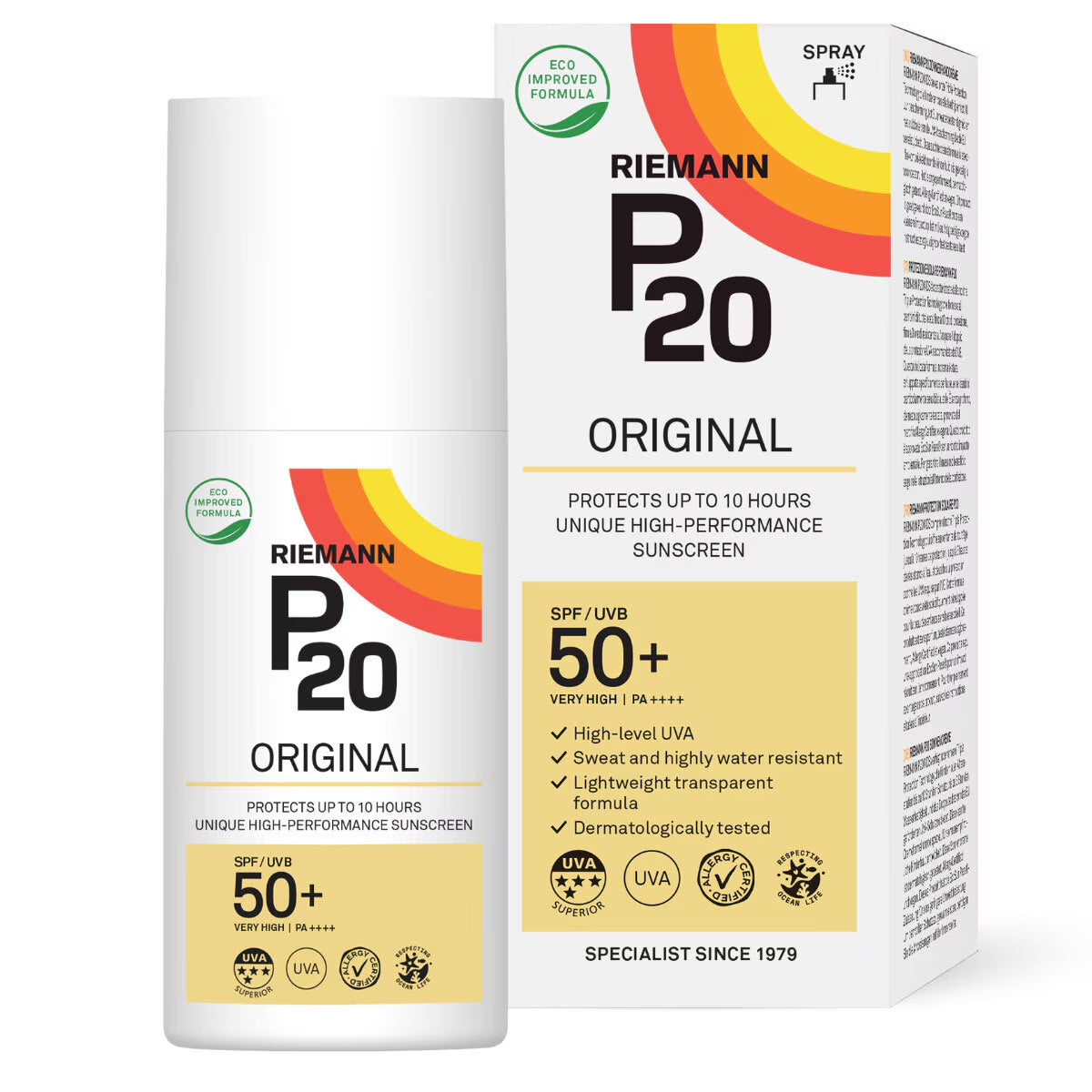 Riemann P20 Original SPF 50+ sunscreen spray, eco-improved formula, 10-hour protection for outdoor adventures