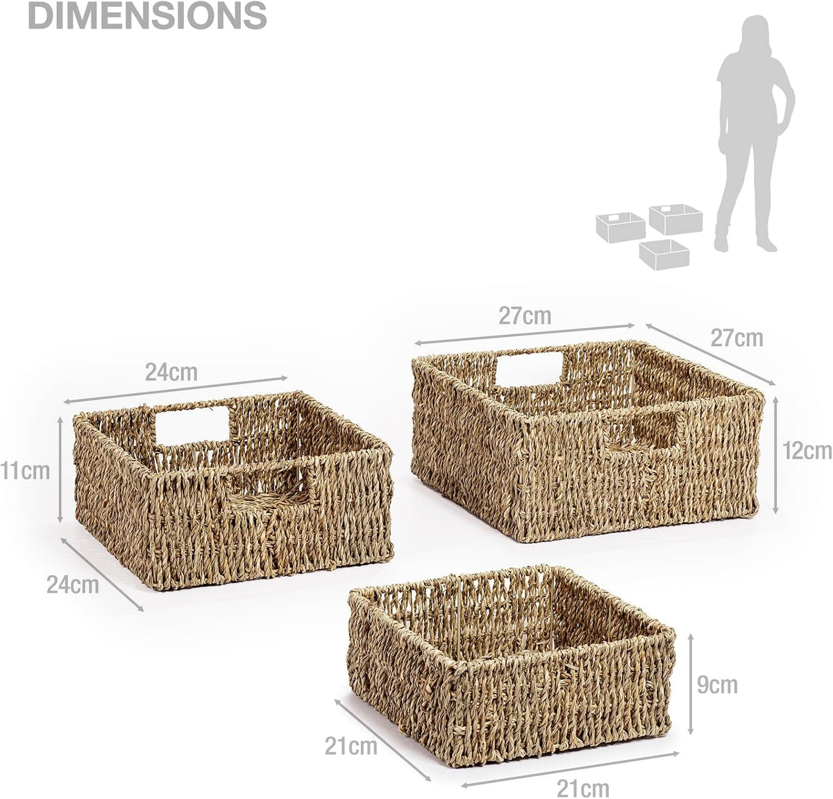 Shallow Seagrass Storage Baskets – Set of 3 – basket size illustration