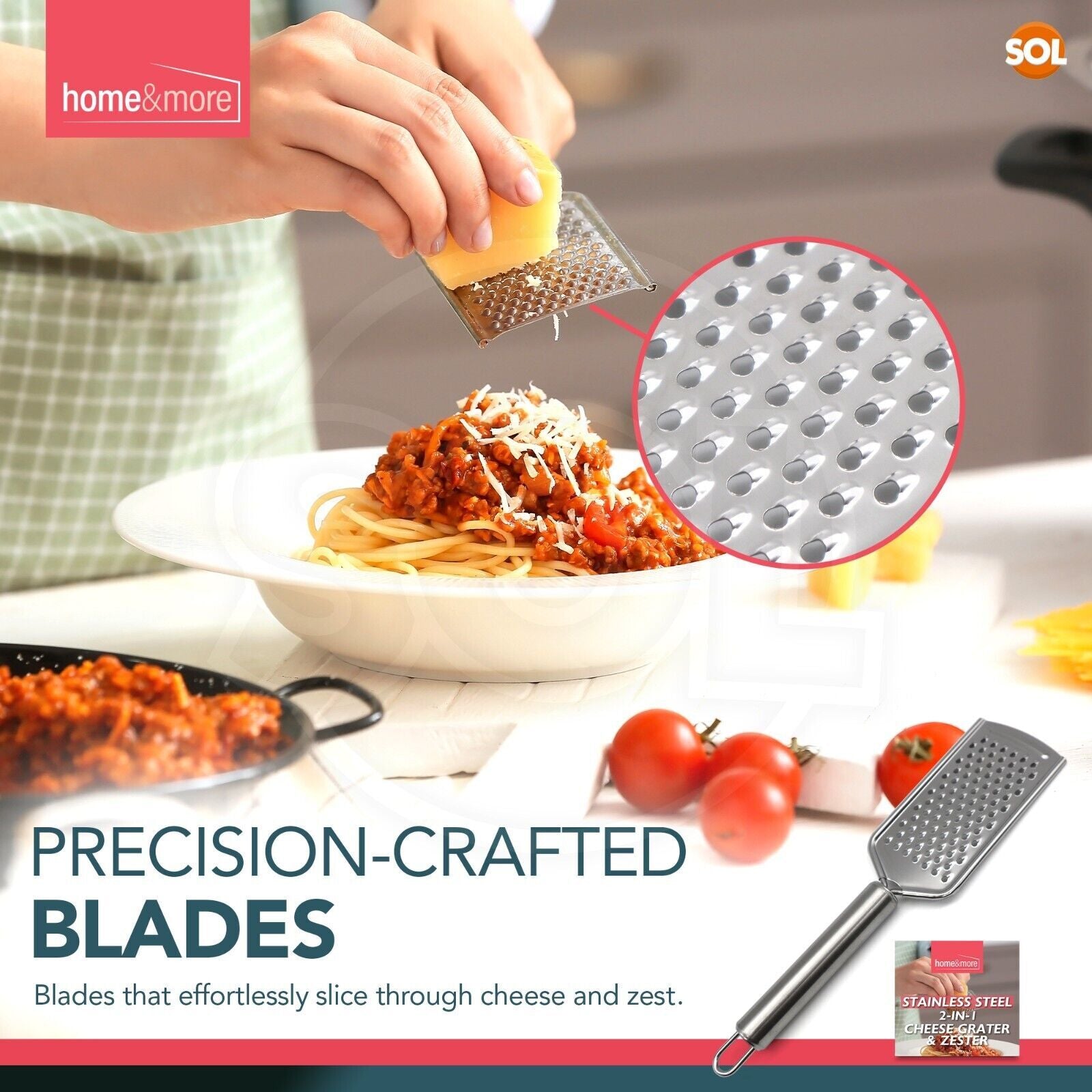 Stainless steel 2-in-1 cheese grater & zester grating Parmesan over pasta, precision blades for van life cooking