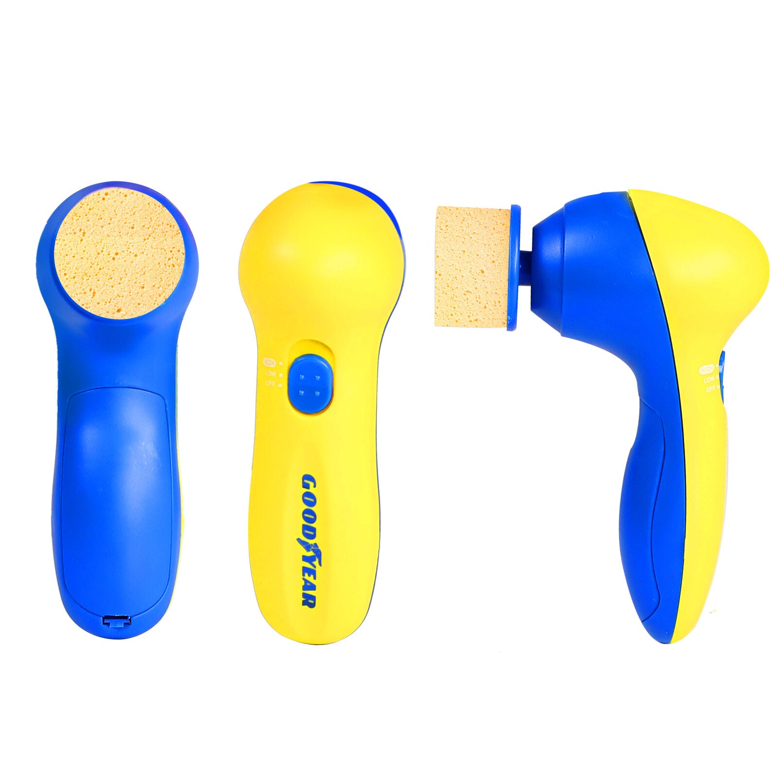 Goodyear electric cleaning brush with sponge head, blue and yellow design for van life cleaning tasks