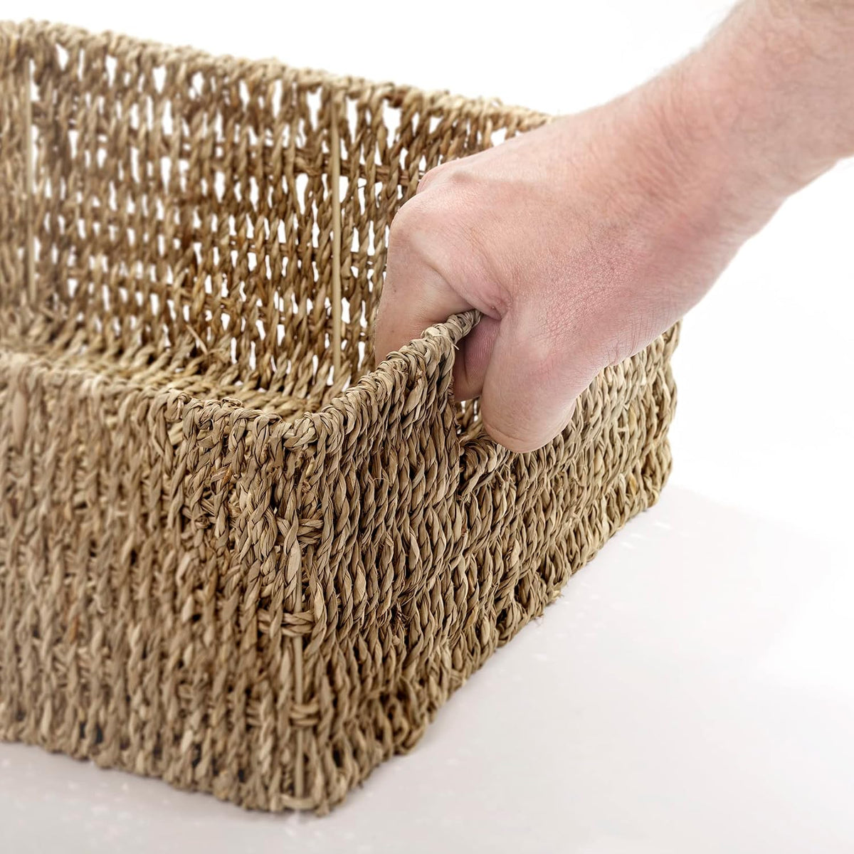 Shallow Seagrass Storage Baskets – Set of 3 – inset handle close-up