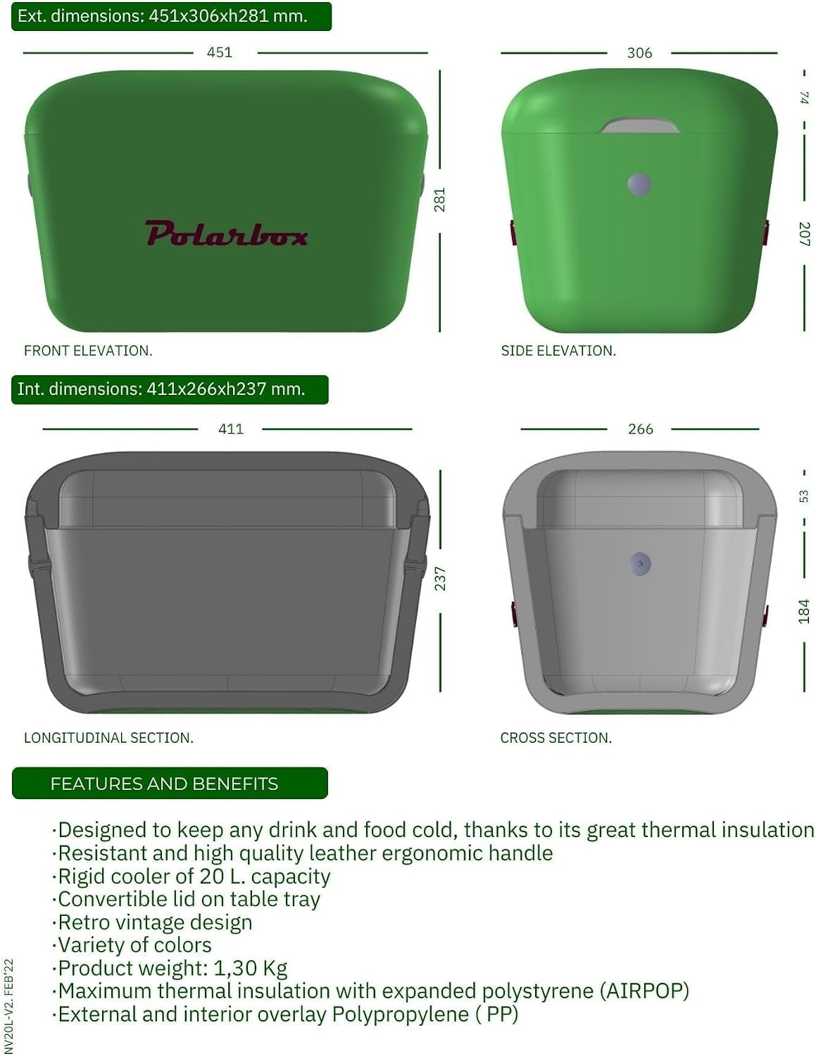 Technical diagram of a green 'Polarbox' cooler showing front, side, longitudinal and cross-section views with dimension lines and features text below.
