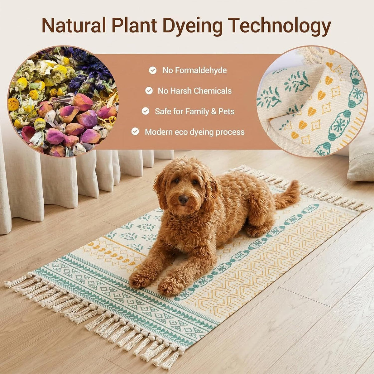 Boho Cotton-Blend Tassel Rug – 58 × 88cm – rug fabric feature illustration