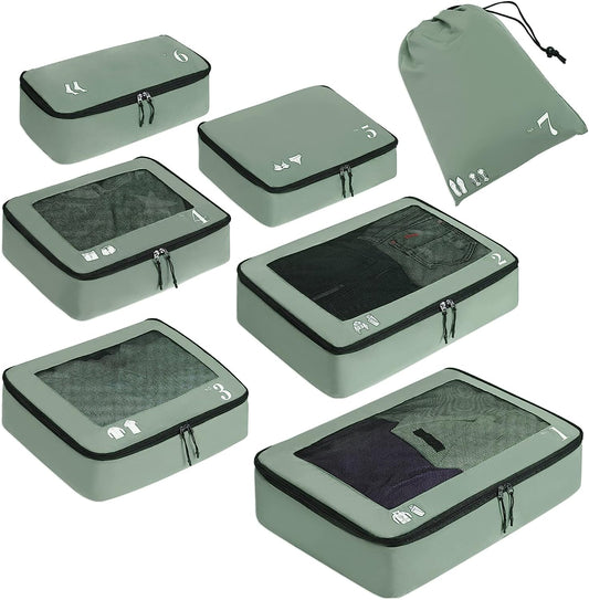 Packing Cubes for Suitcase 7 PCS Travel Organiser Packing Bags Recycled PET Eco Friendly Travel Accessories Shoes Bags Storage Bag Luggage Organiser Pouch(Green)