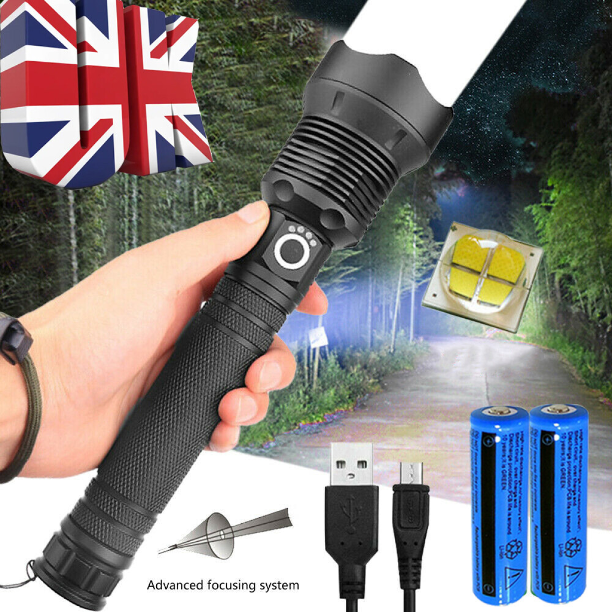 USB rechargeable LED flashlight with UK flag, advanced focus, batteries & charging cable for van life adventures