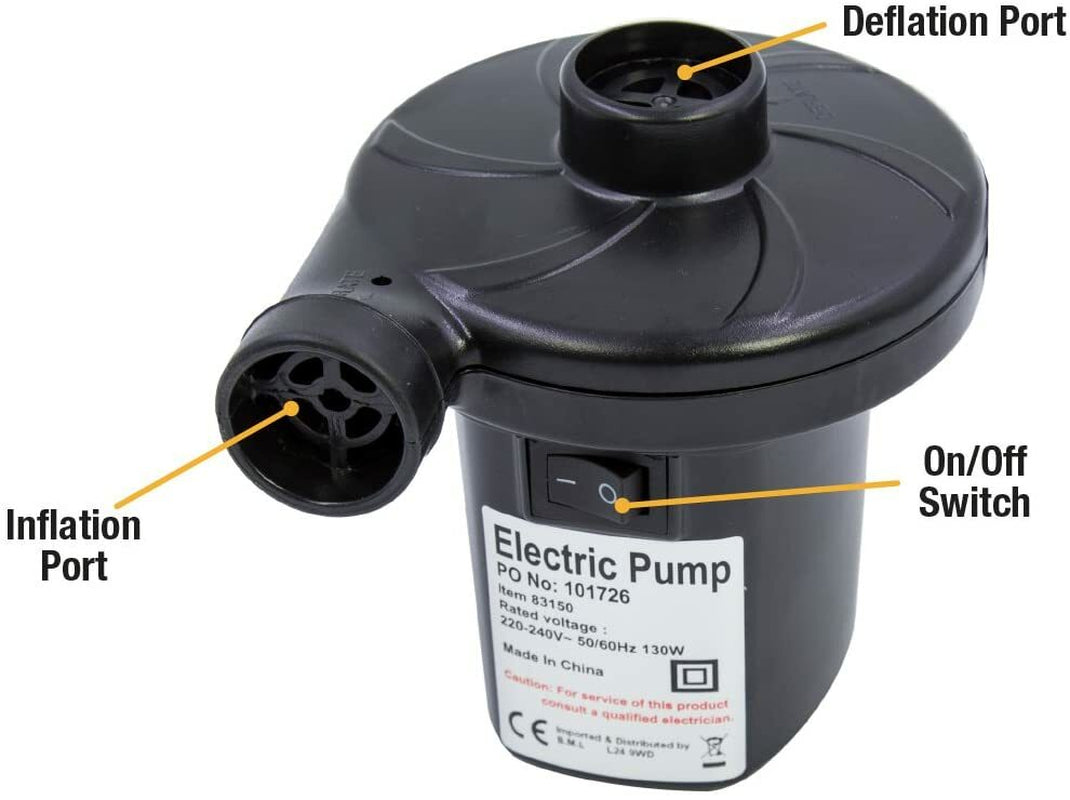 Compact electric air pump for van life gear, featuring inflation/deflation ports and on/off switch