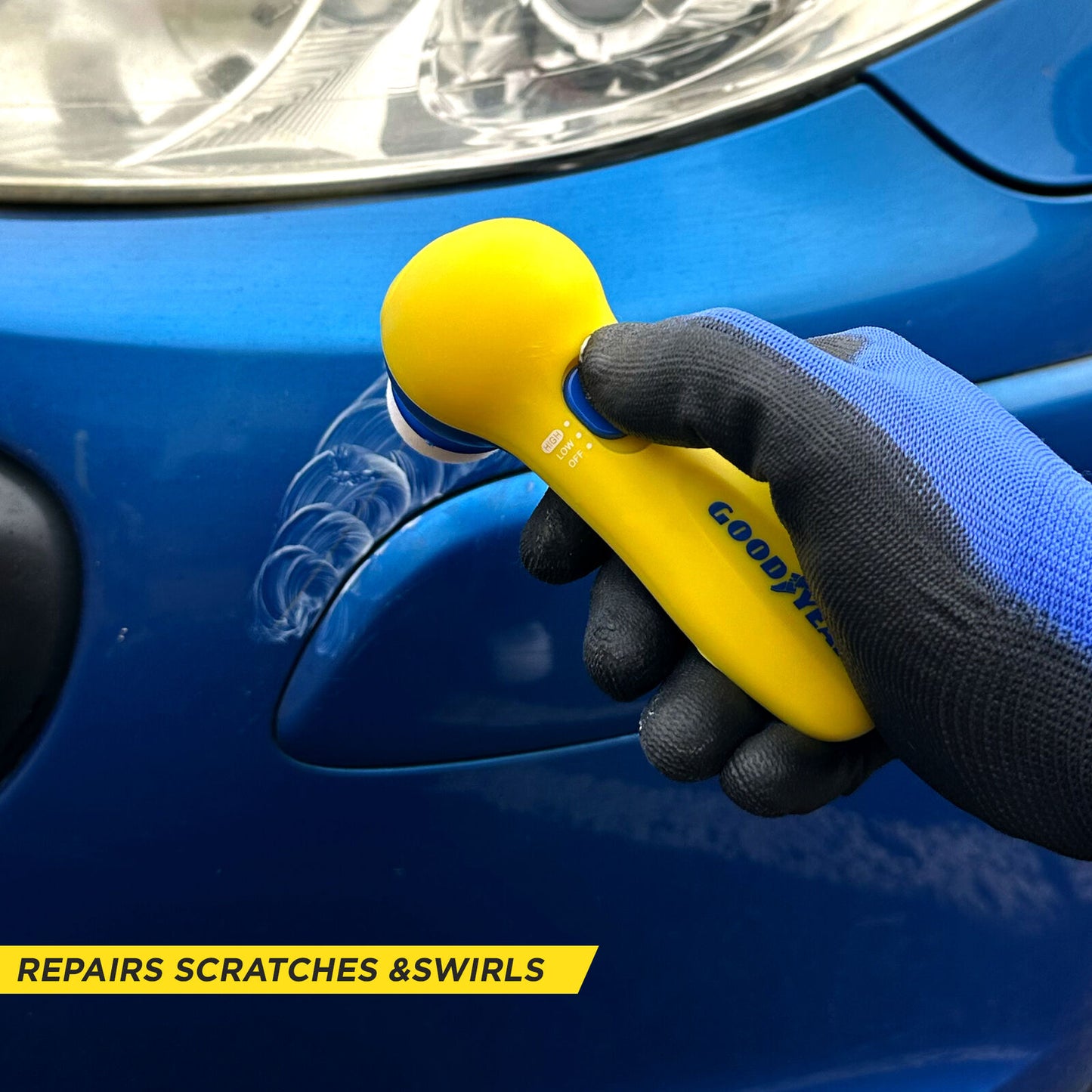 Yellow Goodyear car scratch repair tool polishing blue vehicle paint, removes swirls & scratches for van life maintenance