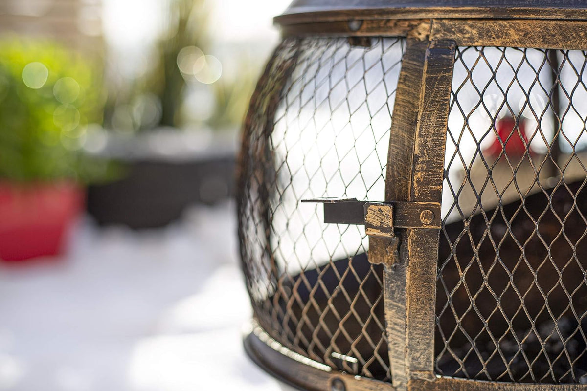 La Hacienda Leon Steel Chiminea – Bronze Effect – mesh door close-up
