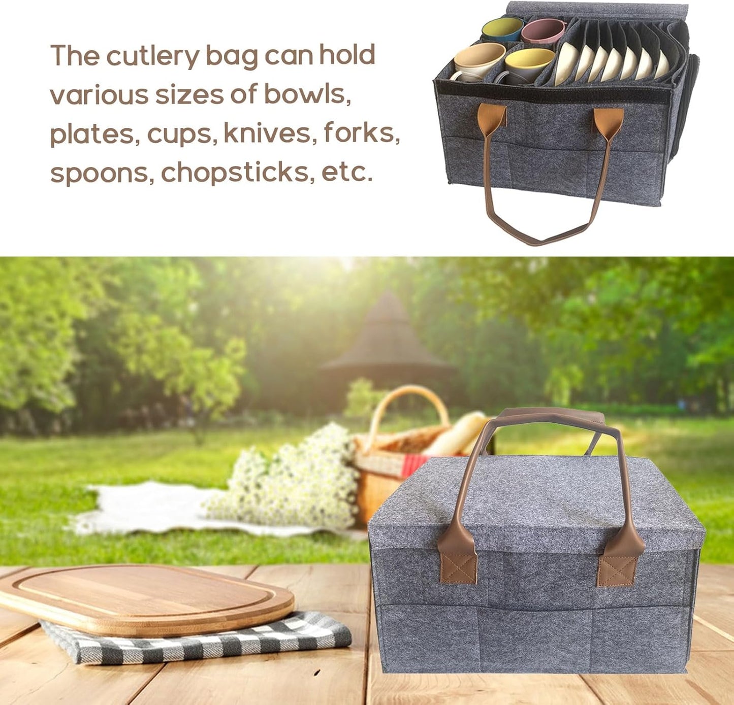 Grey felt cutlery organizer bag for van life, picnic gear & camping essentials with cups, plates, utensils