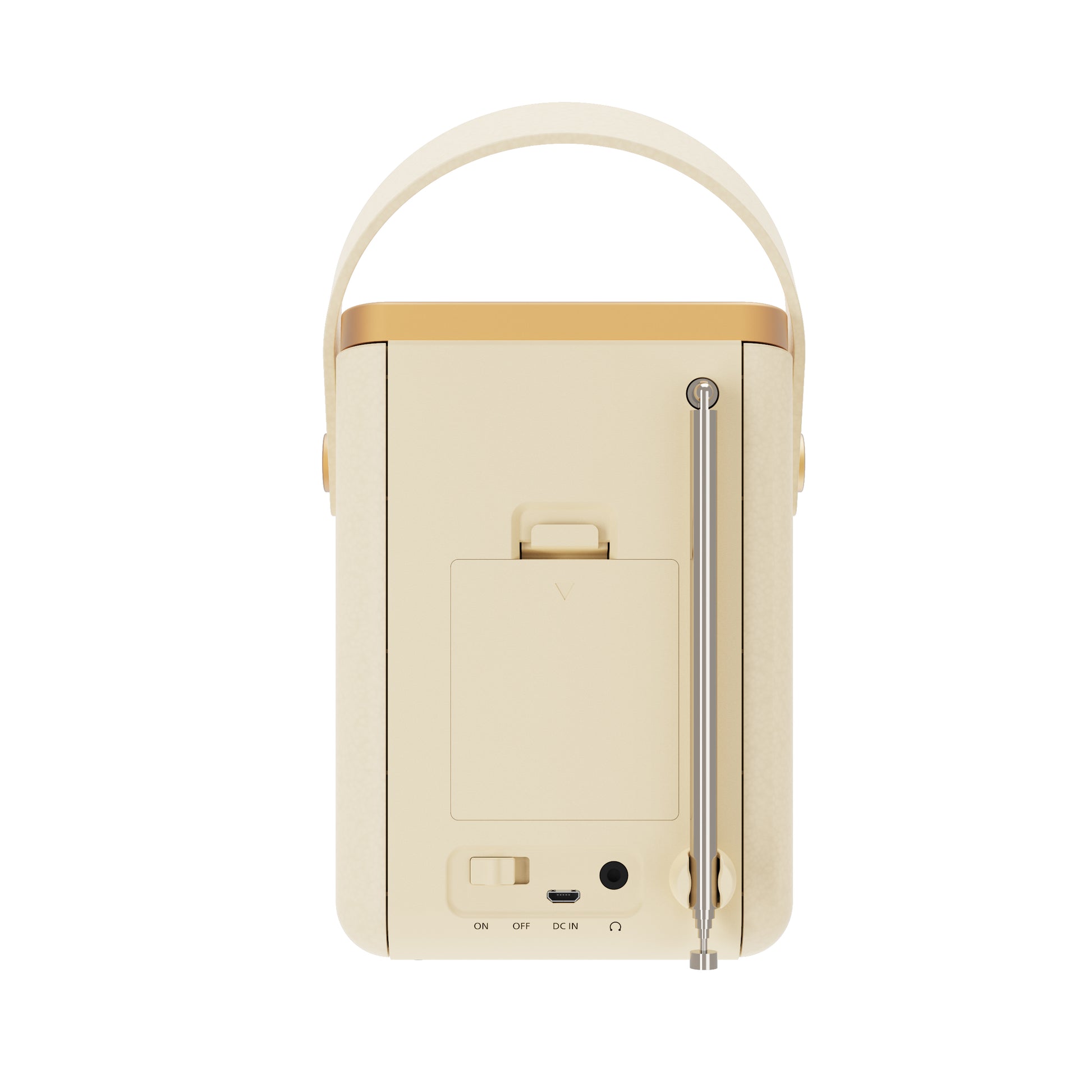 Cream portable radio with handle, antenna, and DC input for van life adventures