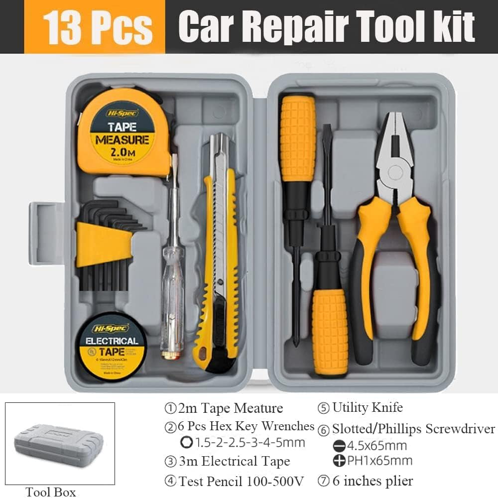 13-piece car repair tool kit with pliers, screwdrivers, tape measure & electrical tape for van life adventures