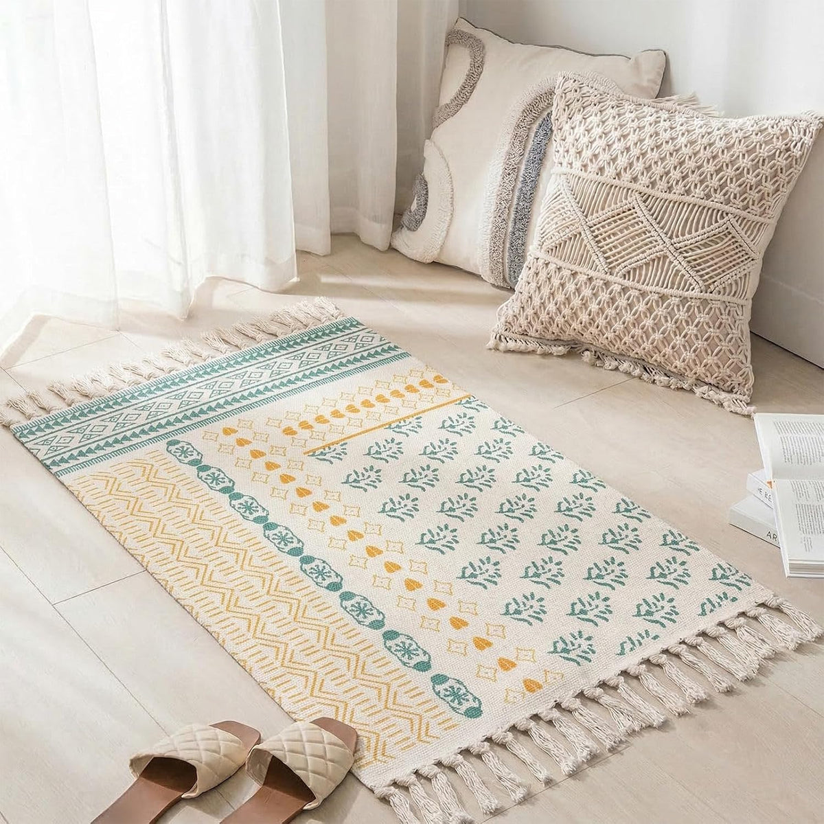 Boho Cotton-Blend Tassel Rug – 58 × 88cm – rug on a light wood floor