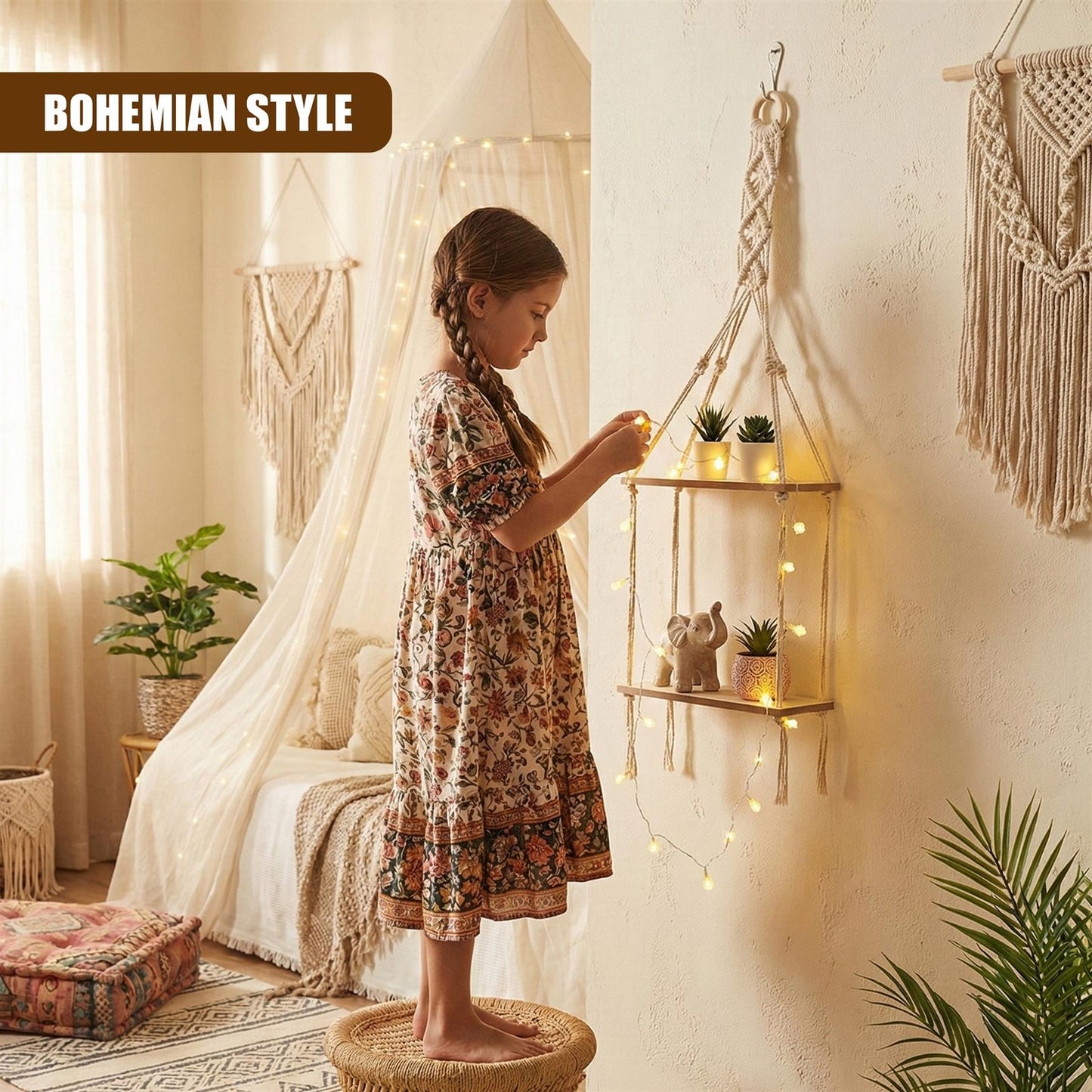 2 Tier Rope Hanging Shelf Wooden Boho Bedroom Decor Plant Display Storage Rack