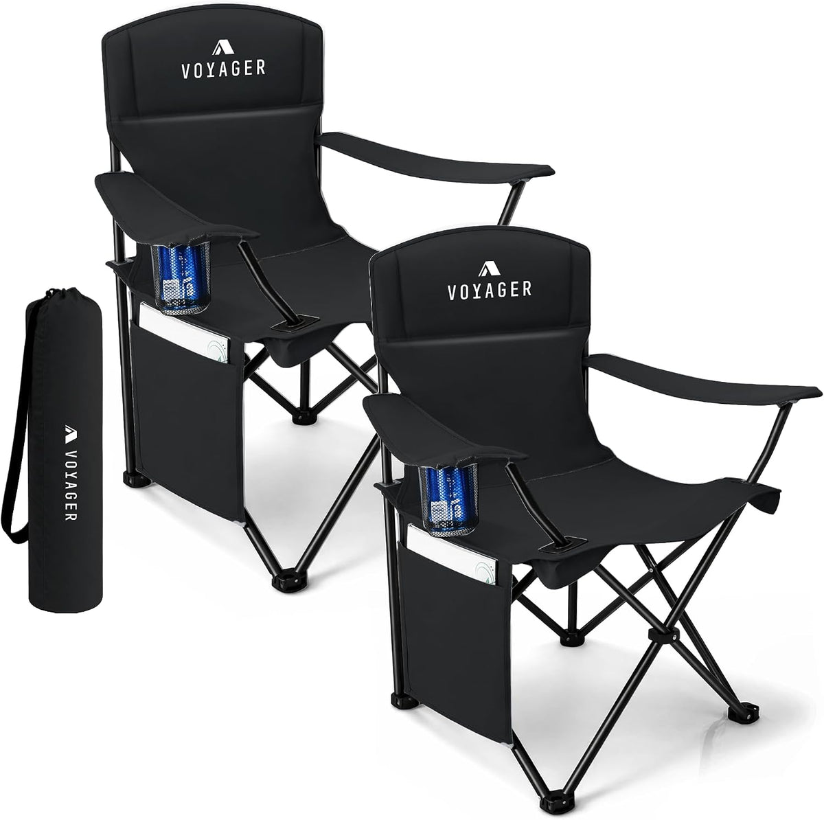 Folding Camping Chair 2-Pack, Lightweight with Pocket and Drinks Holder, Holds up to 120Kg Each, Easy to Transport, Foldable Outdoor Chair Set -Black