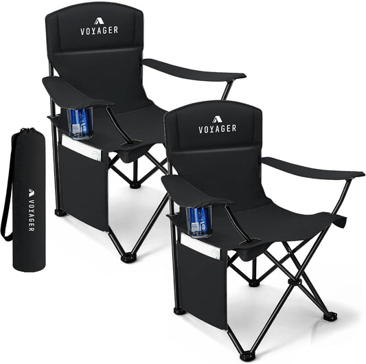 Folding Camping Chair 2-Pack, Lightweight with Pocket and Drinks Holder, Holds up to 120Kg Each, Easy to Transport, Foldable Outdoor Chair Set -Black