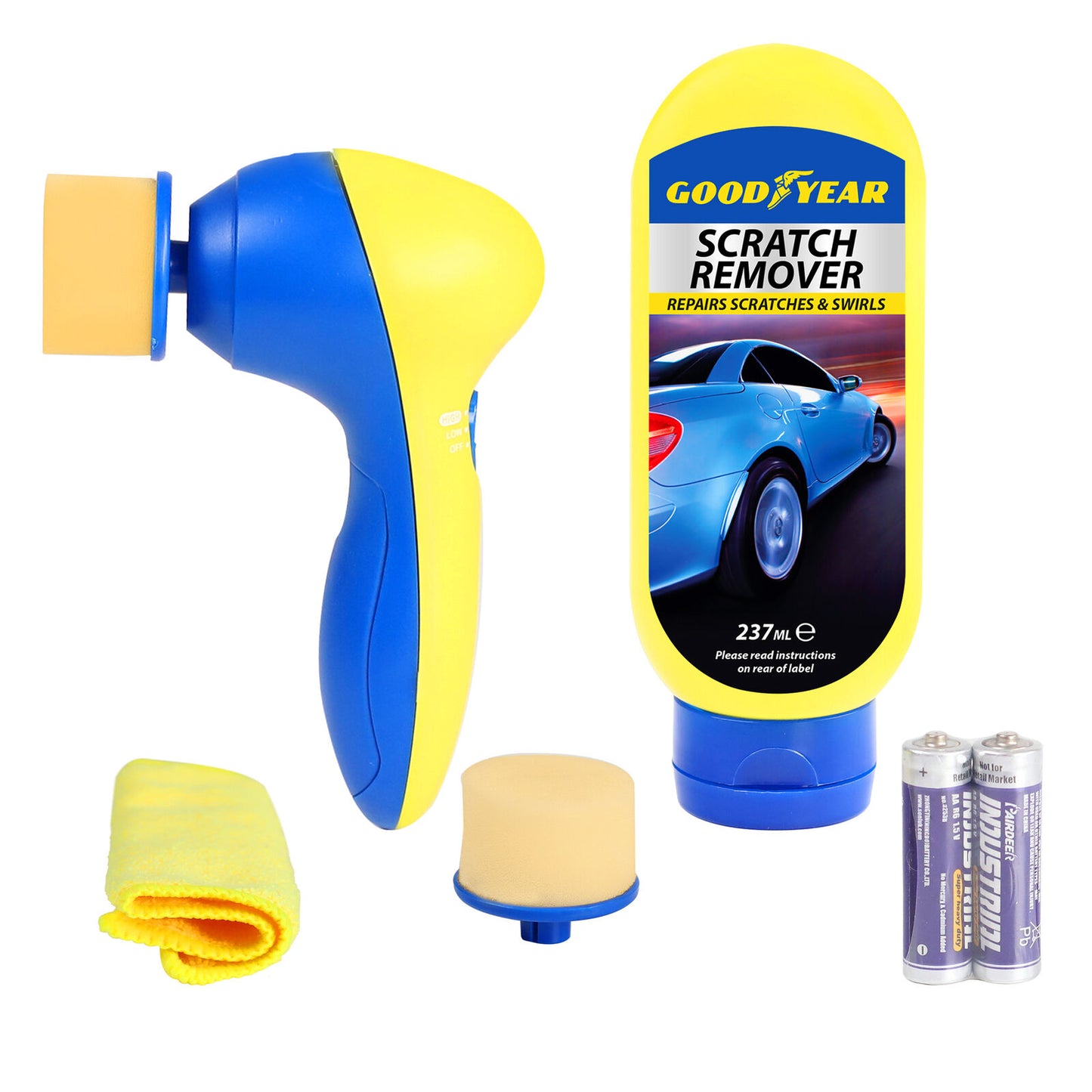 Goodyear scratch remover kit with electric polisher, sponge, cloth, and batteries for car paint repair