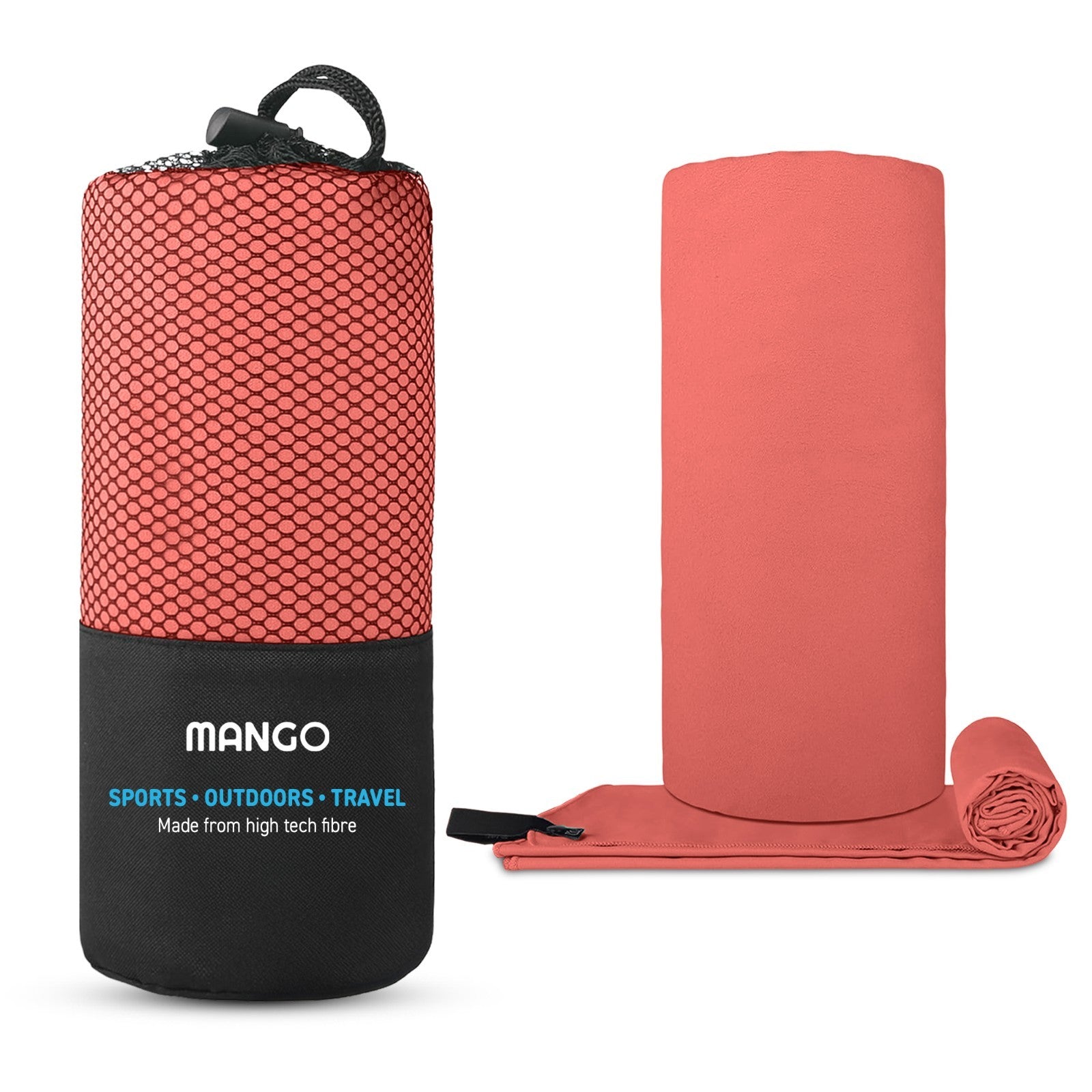 Compact coral travel towel in mesh carry bag, ideal for van life, outdoor adventures, and festivals