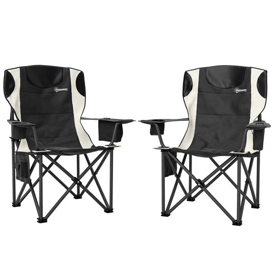Black and cream portable camping chairs with cup holders, ideal for van life and outdoor adventures