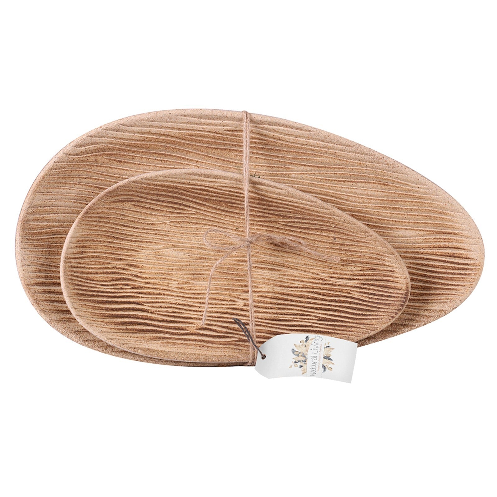 Set of two natural wood grain oval plates, eco-friendly van life kitchenware with rustic texture