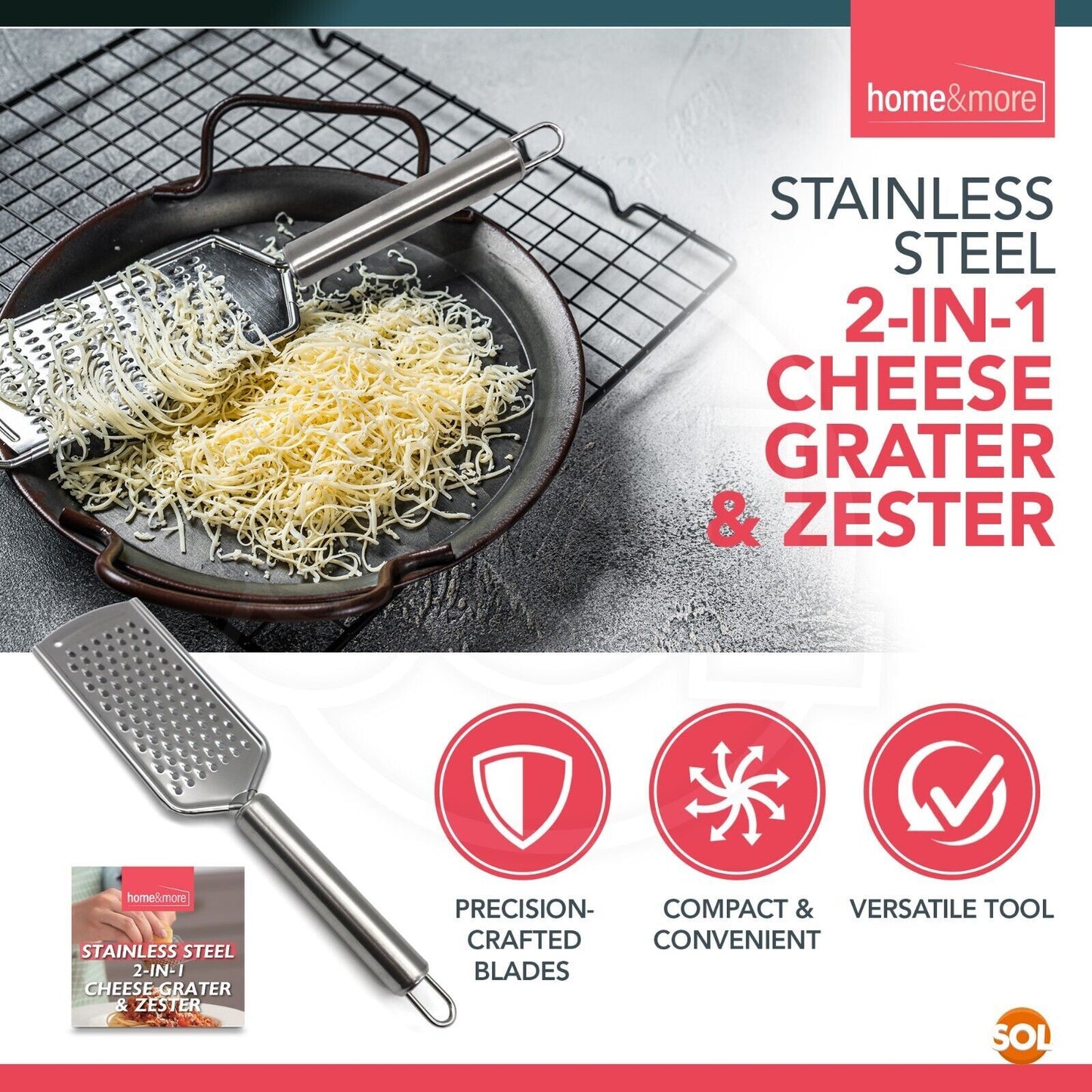 Stainless steel 2-in-1 cheese grater and zester for van life cooking, compact kitchen tool