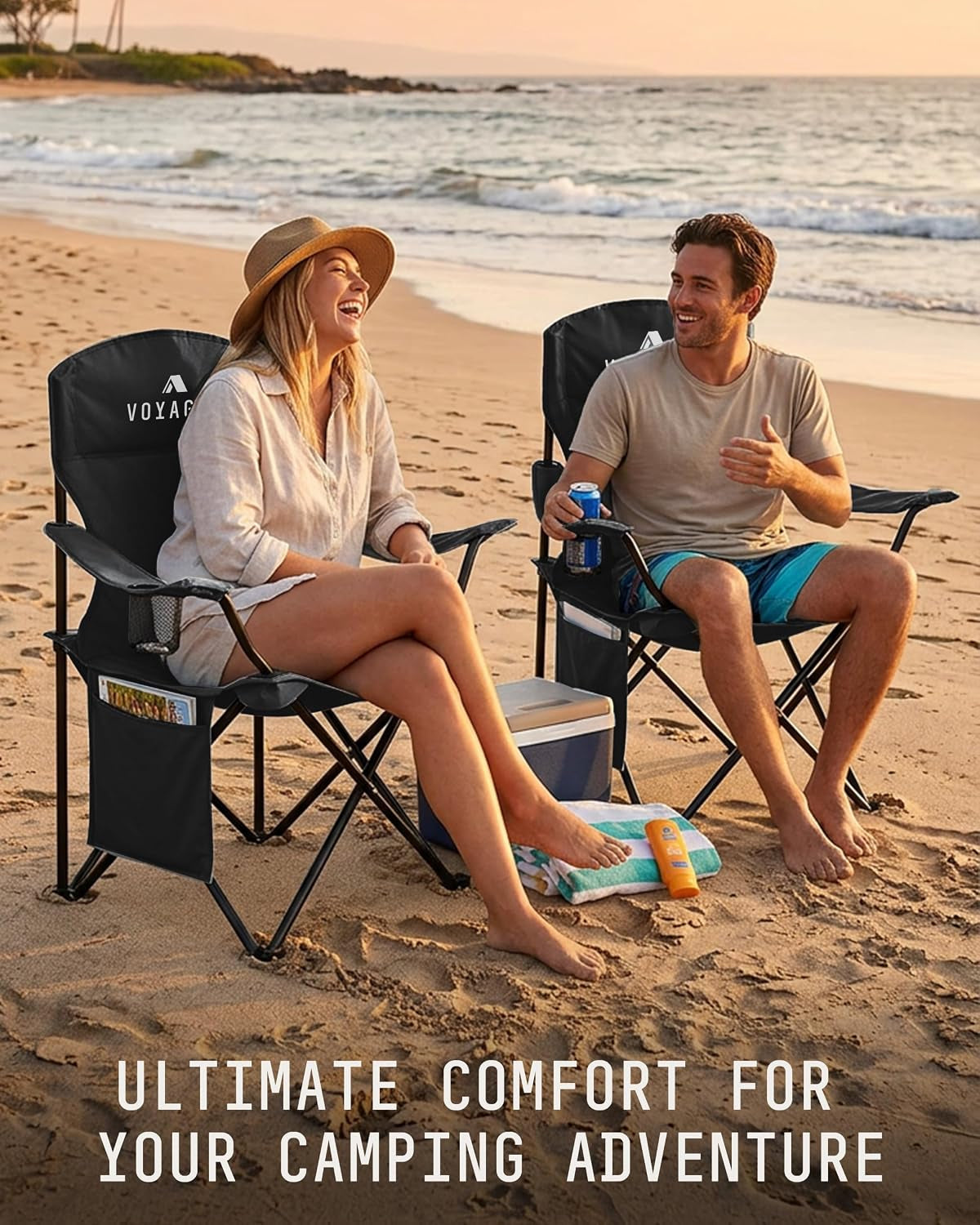 Folding Camping Chair 2-Pack, Lightweight with Pocket and Drinks Holder, Holds up to 120Kg Each, Easy to Transport, Foldable Outdoor Chair Set -Black