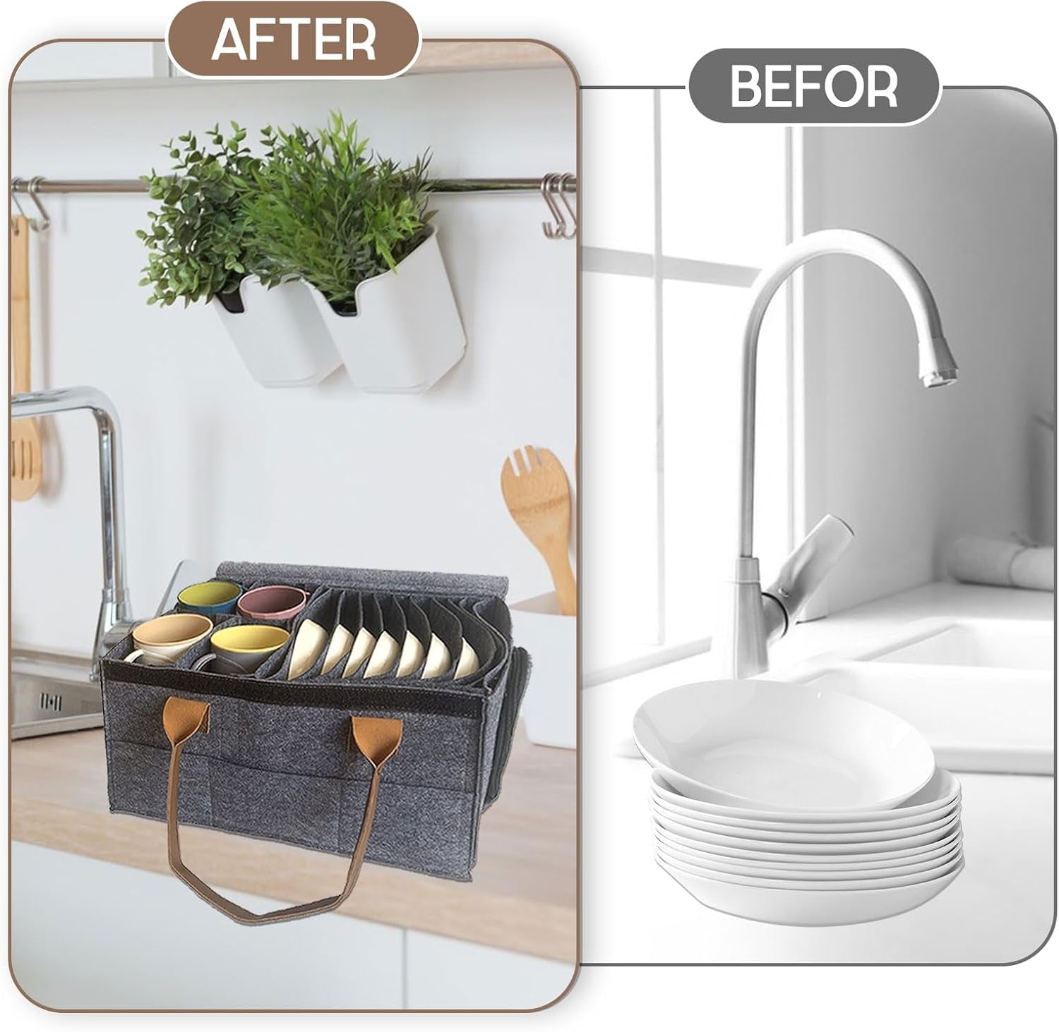Before & after: grey felt kitchen organizer with cups, plates, and hanging plant for van life storage