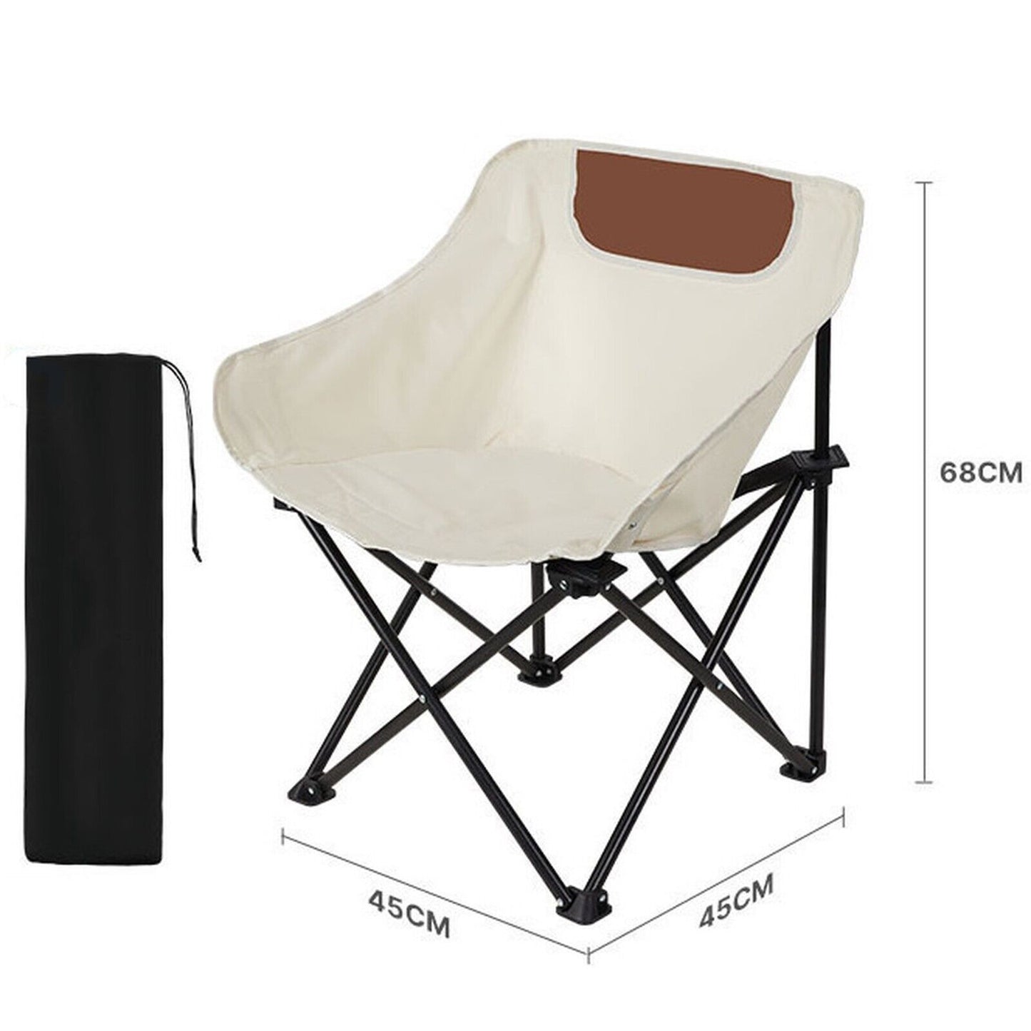 Compact beige camping chair with black frame, 68cm height, includes carry bag for van life adventures