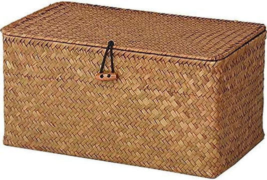 Seagrass Storage Baskets with Lids Natural Wicker Basket (Medium 30Cmx18Cmx15Cm H)