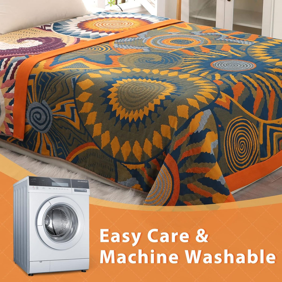 Bohemian Cotton Throw – 150 × 200cm – wash-care illustration on a bed