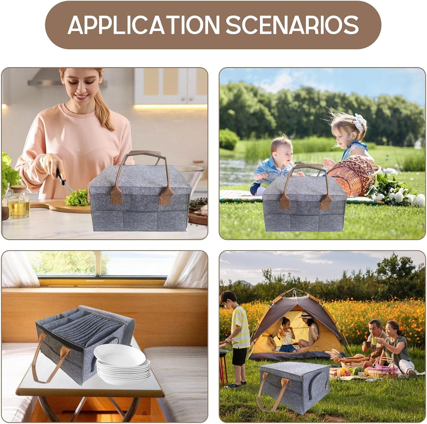 Grey felt storage box with handles for van life, picnics, camping & kitchen organization