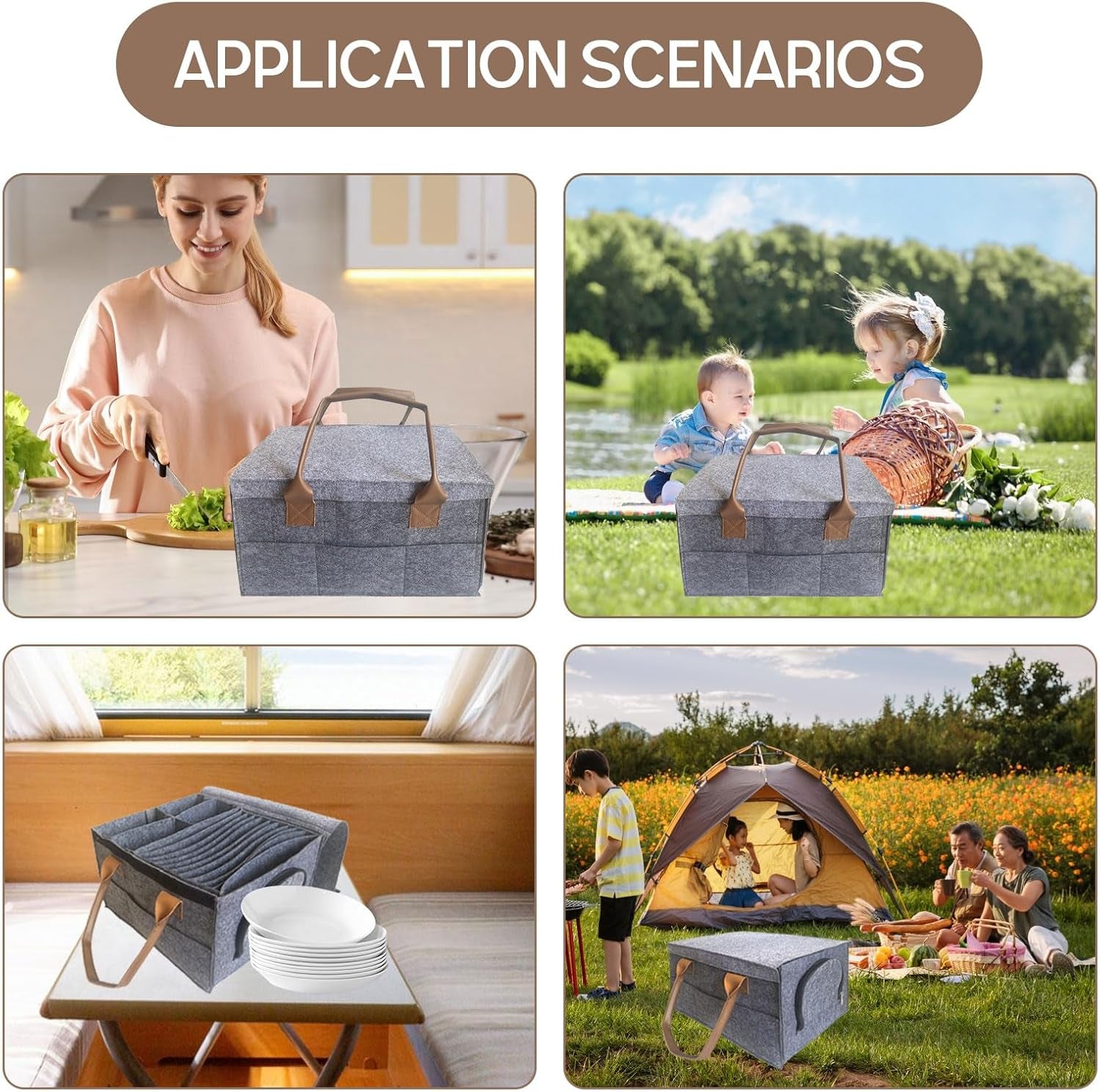 Grey felt storage box with handles for van life, picnics, camping & kitchen organization