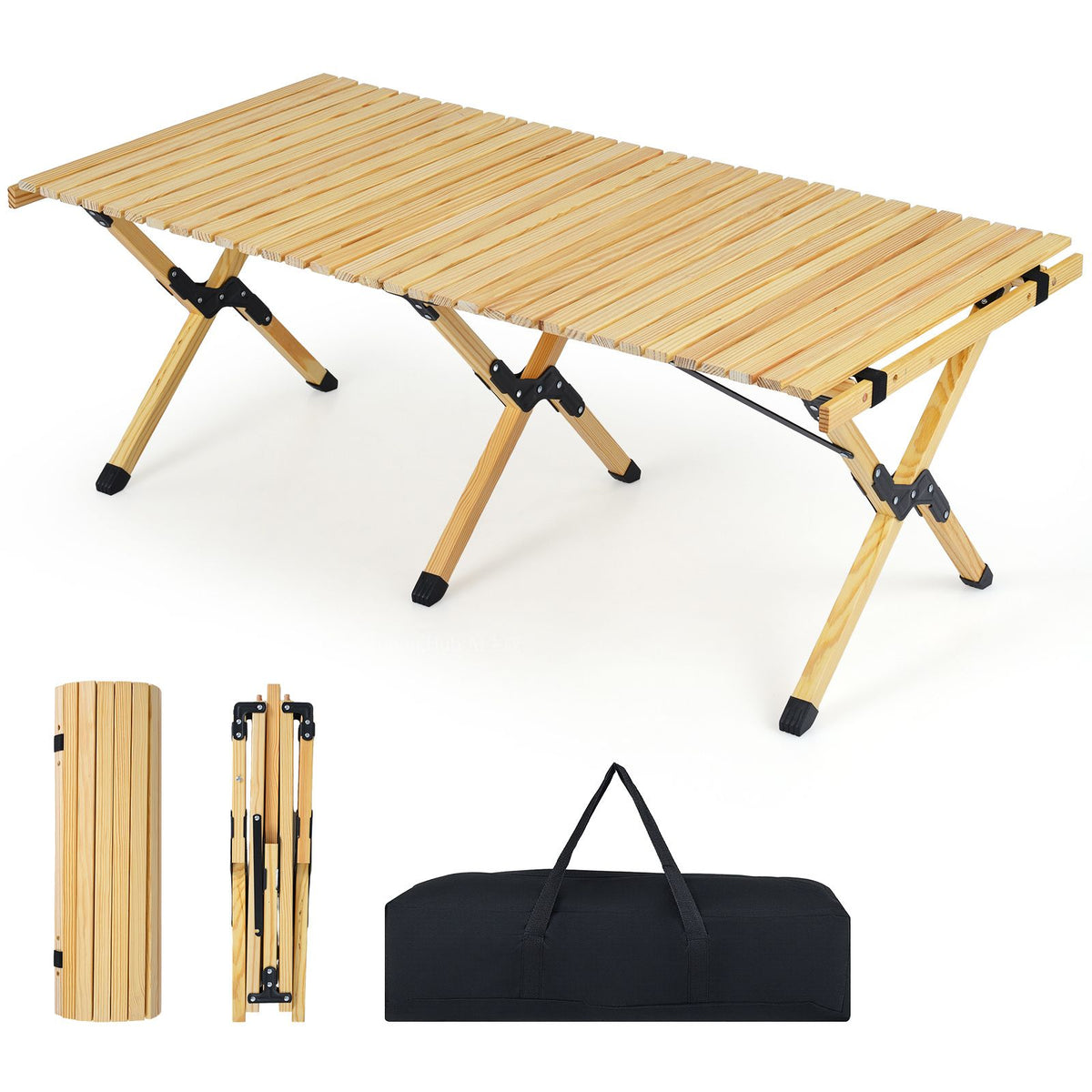 Pine Wood Roll-Up Camping Table with Carry Bag – open table and packed parts on white