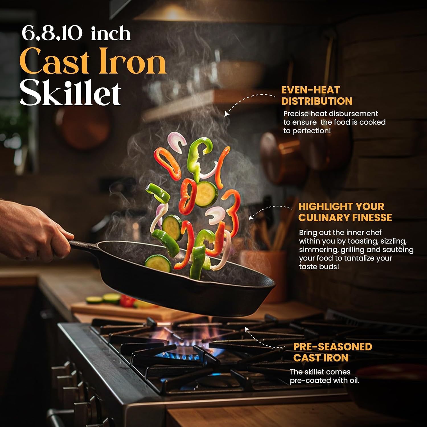 Cast iron skillet sizzling veggies on gas stove, pre-seasoned for even heat, perfect for van life cooking