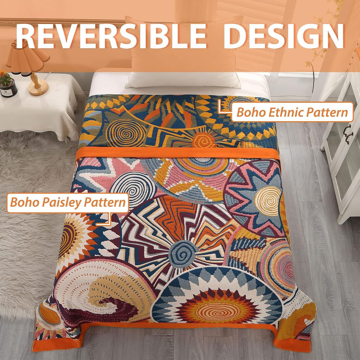 Bohemian Cotton Throw – 150 × 200cm – contrasting reversible patterns