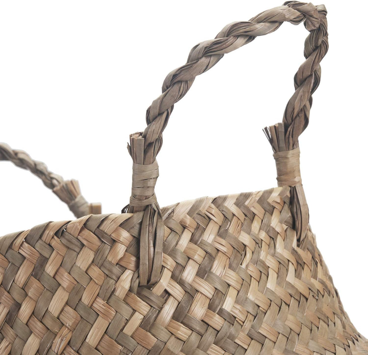 Seagrass Belly Basket Natural Woven Plant Pot Foldable with Handles for Storage Laundry Blankets Toys (Natural + Black)