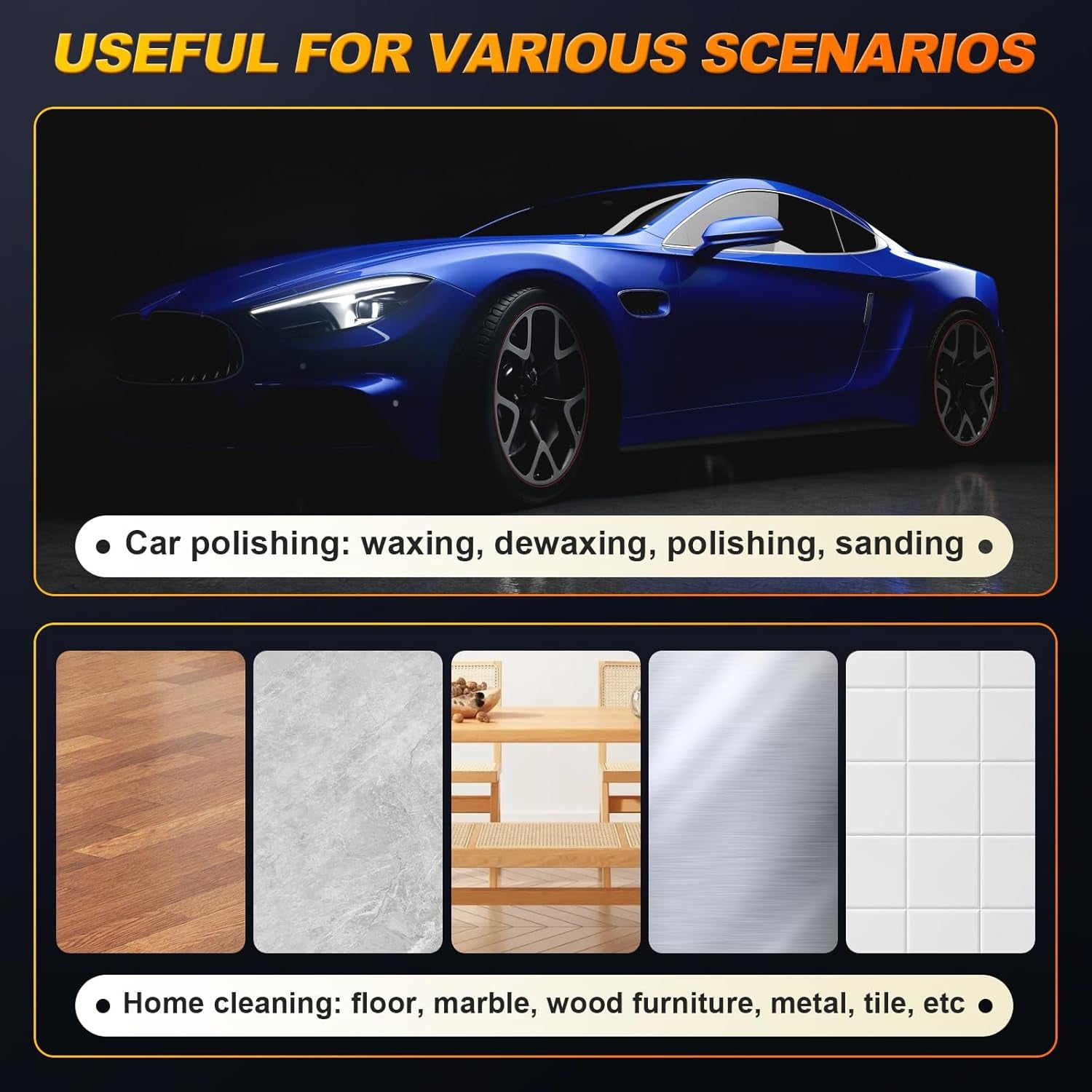 Blue sports car polishing and home cleaning for wood, marble, metal, tile surfaces