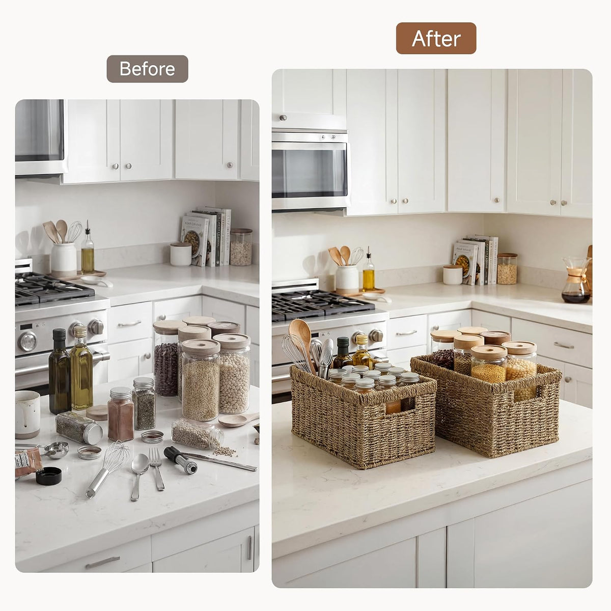 Rectangular Seagrass Shelf Baskets – Set of 2 – kitchen storage before-and-after illustration