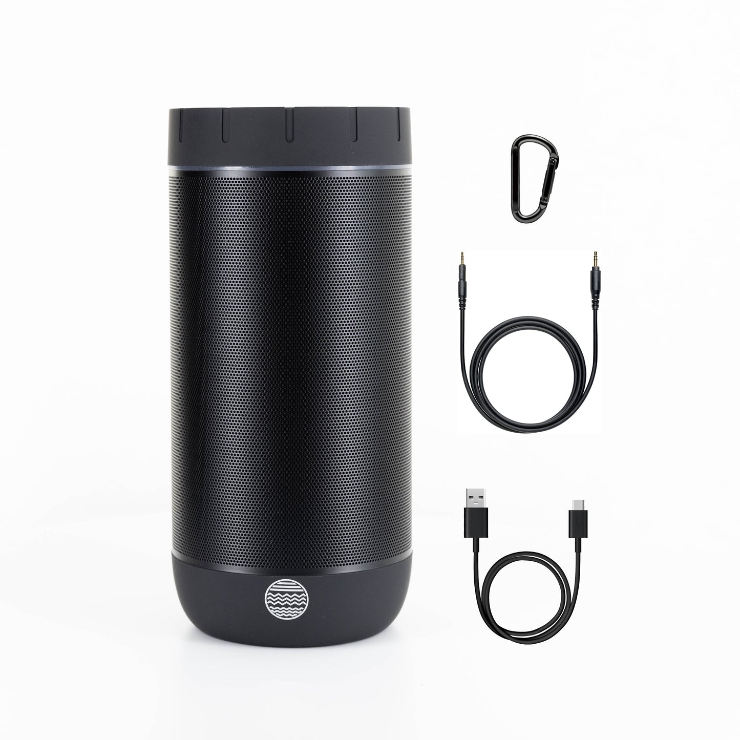 Portable Bluetooth speaker with carabiner, audio cable, and USB-C charging cable for van life adventures