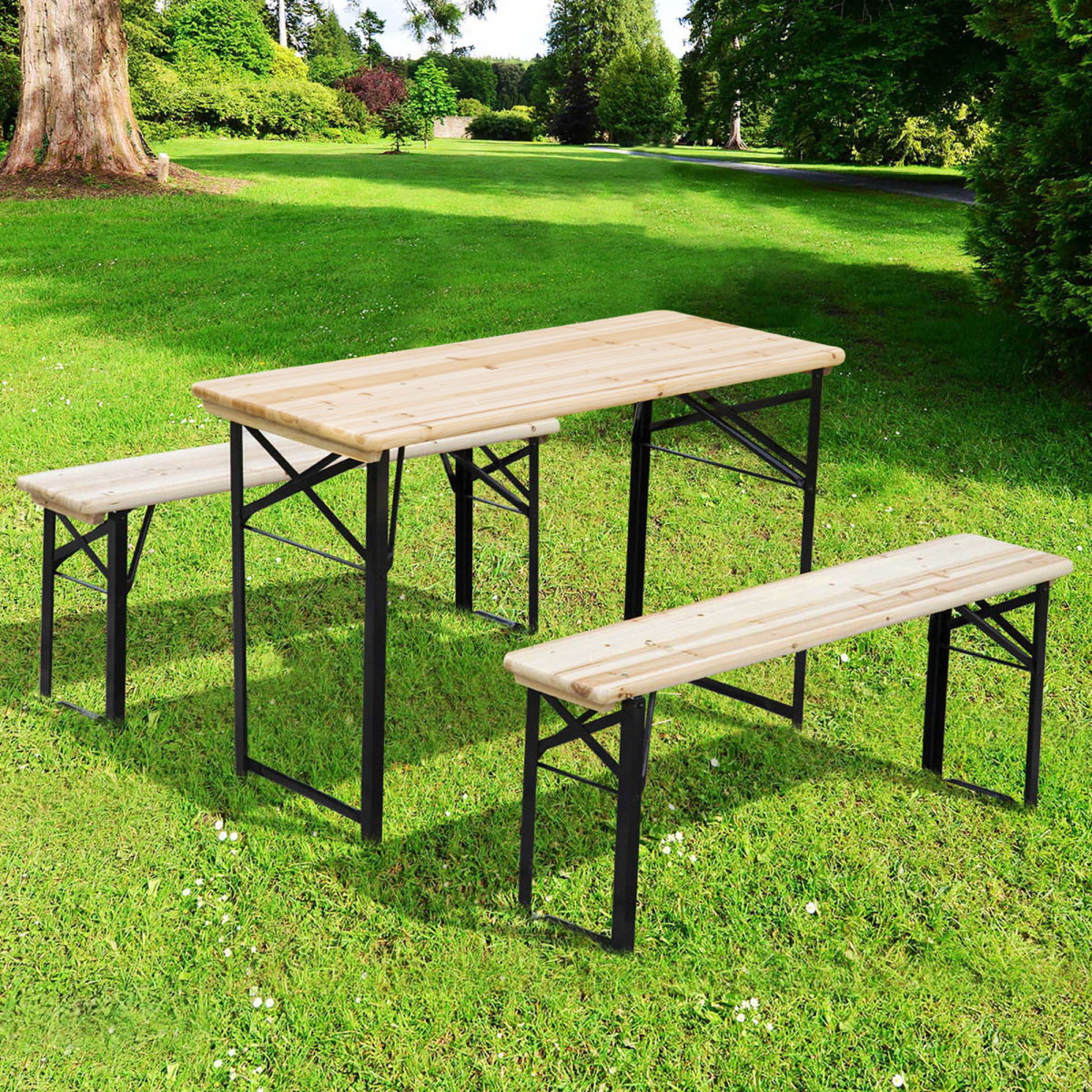Portable wooden picnic table with benches, perfect for outdoor adventures and van life gatherings