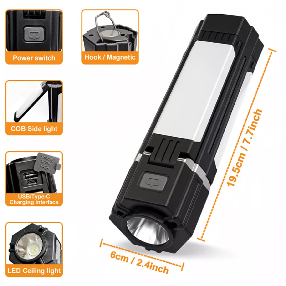Compact LED van light with magnetic hook, USB-C charging, and COB side light for camper vans and outdoor adventures