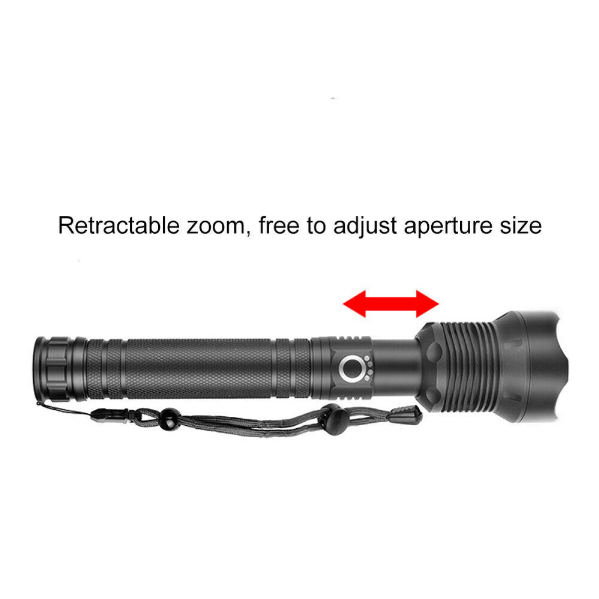Black tactical flashlight with retractable zoom, ideal for van life and outdoor adventures