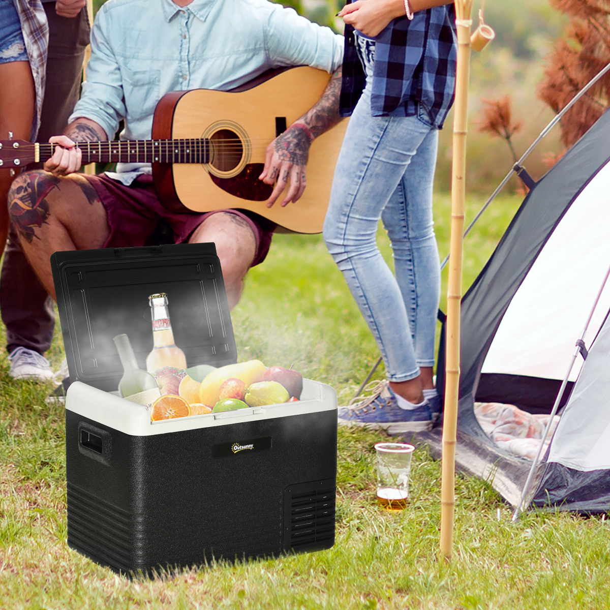 Portable 12V car fridge cooler with drinks & fruit, perfect for camping, van life, and outdoor adventures