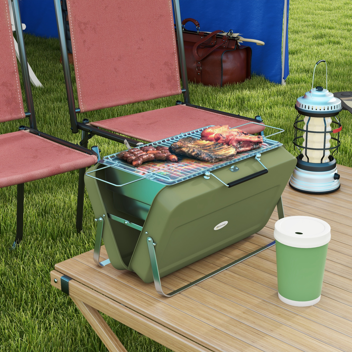 Portable camping grill with sausages and ribs, perfect for van life and outdoor adventures
