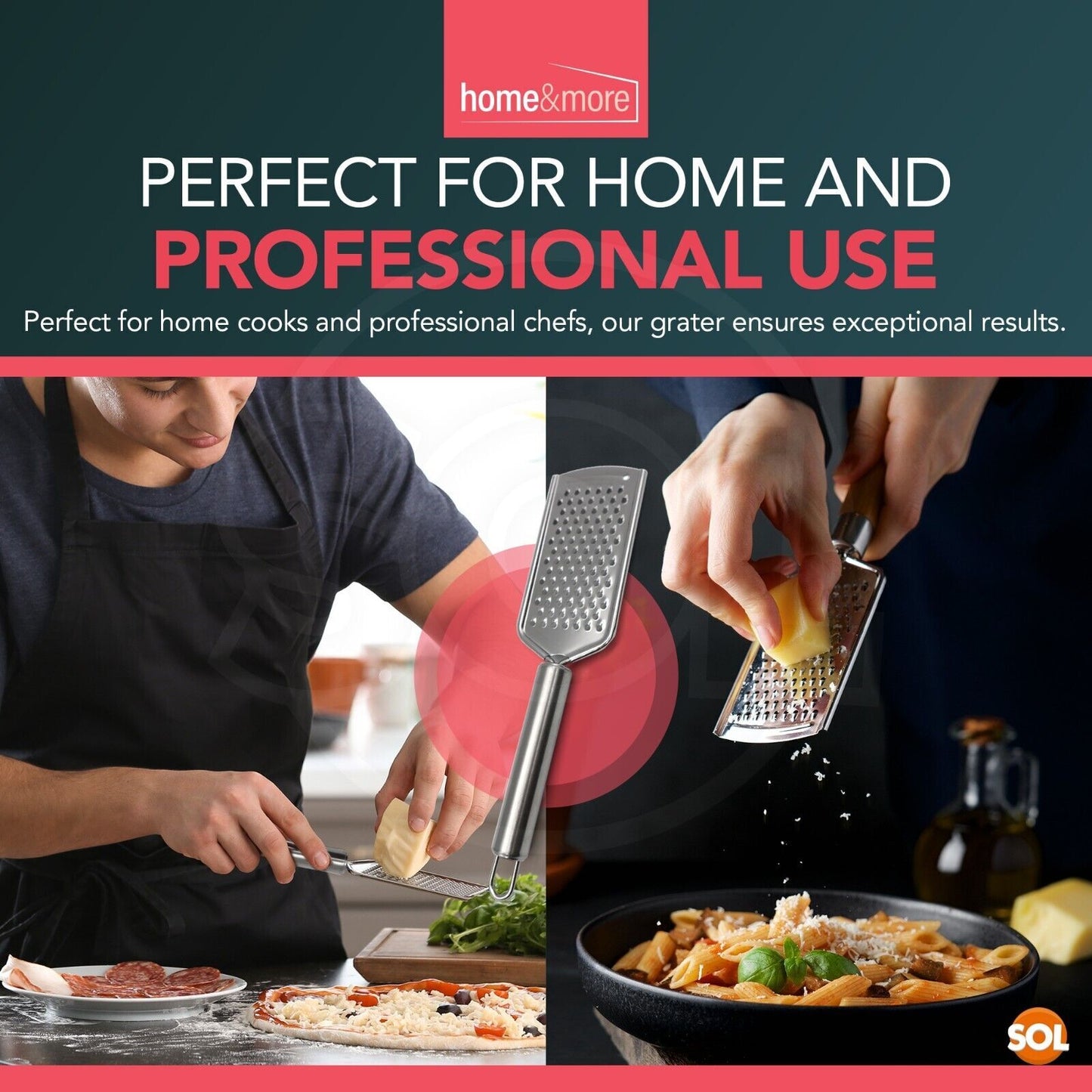 Stainless steel cheese grater for home & professional kitchen use, grating cheese over pizza and pasta
