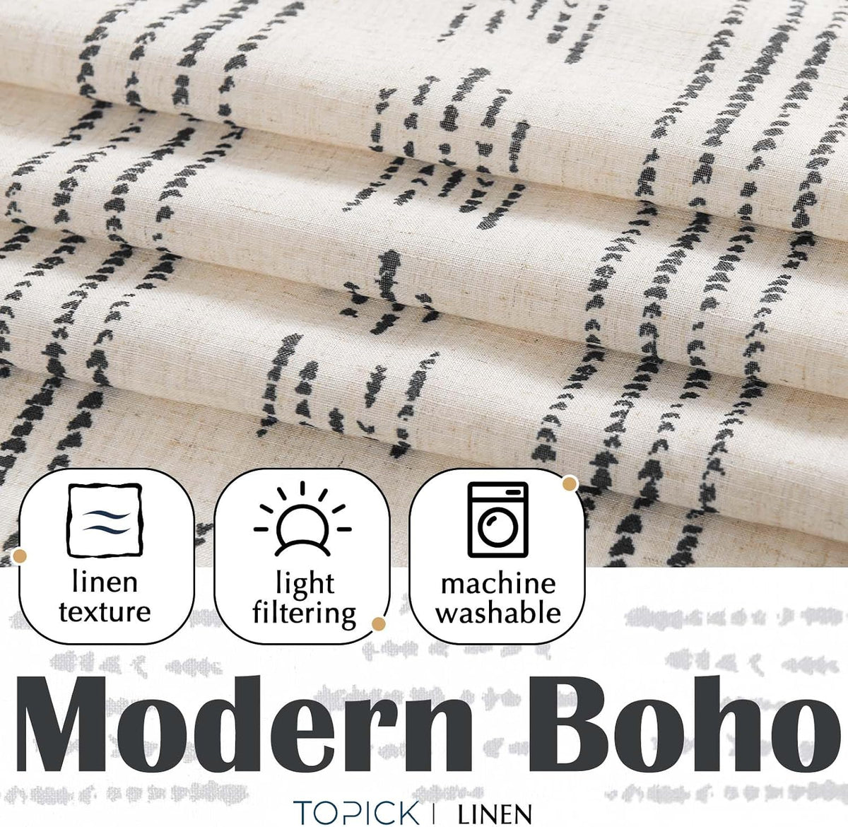 Boho Linen Blend Kitchen Cafe Curtains Black 2 Panels W26 Xl36