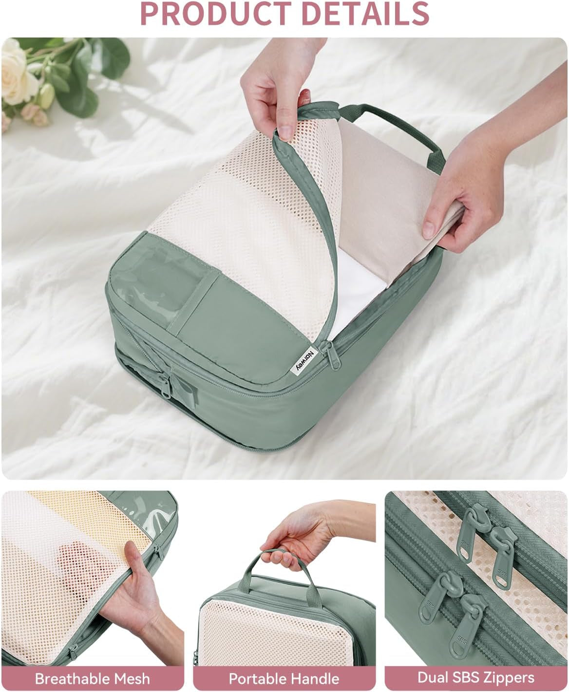 Sage Green Compression Packing Cubes – Set of 6 – zip and handle details