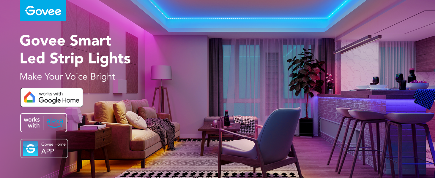 Govee smart LED strip lights in modern living room, voice-controlled with Alexa & Google Home