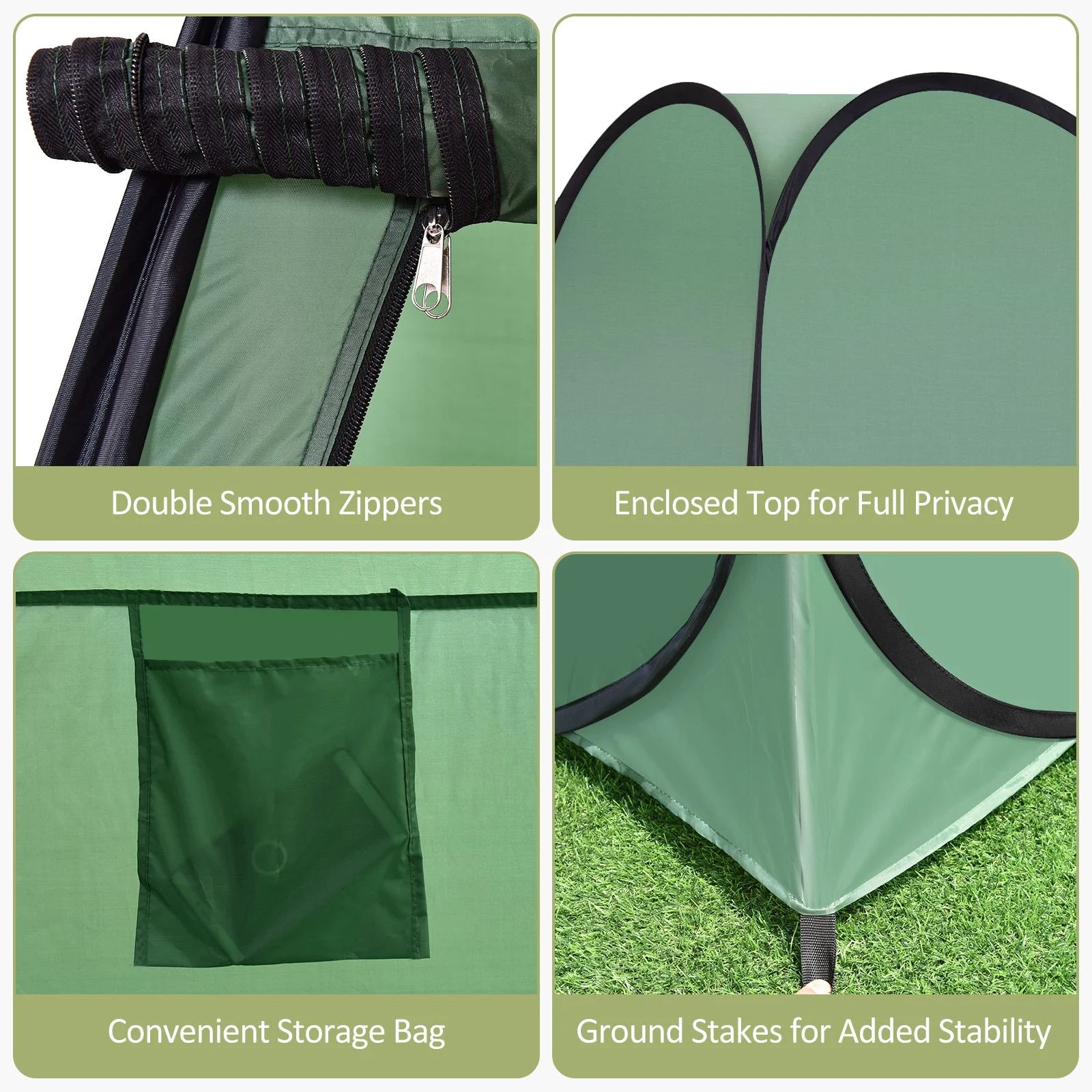 Portable privacy tent with double zippers, enclosed top, storage pocket, and ground stakes for van life camping