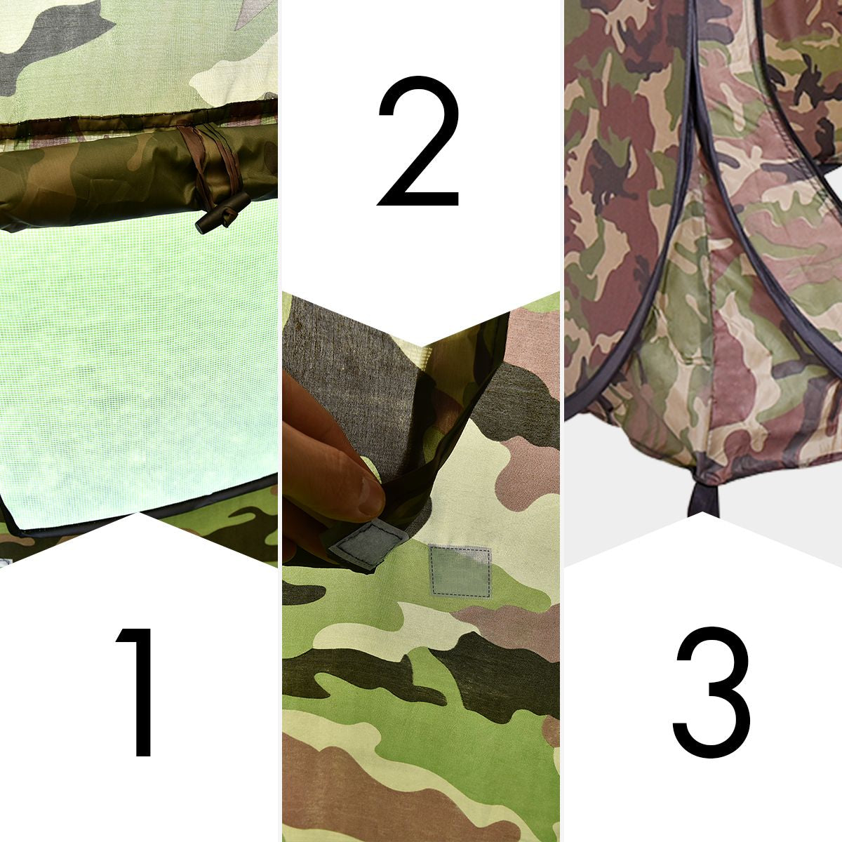 Camouflage van awning with mesh screen, durable fabric, and zippered entry for outdoor adventures